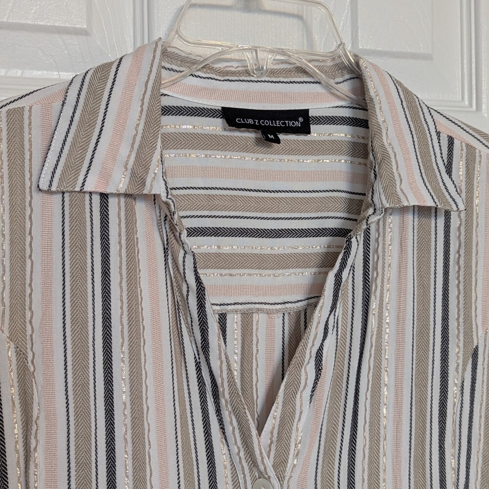 Women's (Size M) Long Striped V-neck Button Down Blouse/Top Long or 3/4 Sleeves - Picture 5 of 13